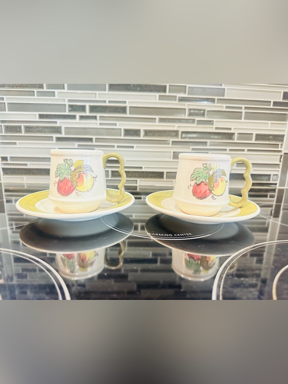VTG Metlox Poppytrail Provincial Fruit Ceramic Coffee/Tea Cups & Saucer (2) USA